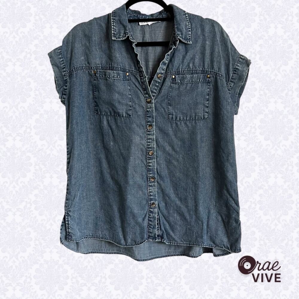 Jane & Delancey S Dark Wash Chambray Flowy Top Cuff Sleeve Tunic Blouse